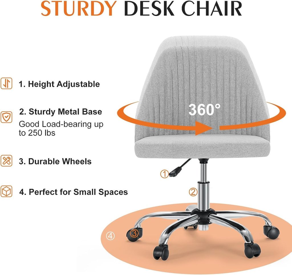 Armless Office Chair Cute Desk Chair, Modern Fabric Home Office Desk Chairs with Wheels Adjustable Swivel Task Computer Vanity Chair for Small Spaces