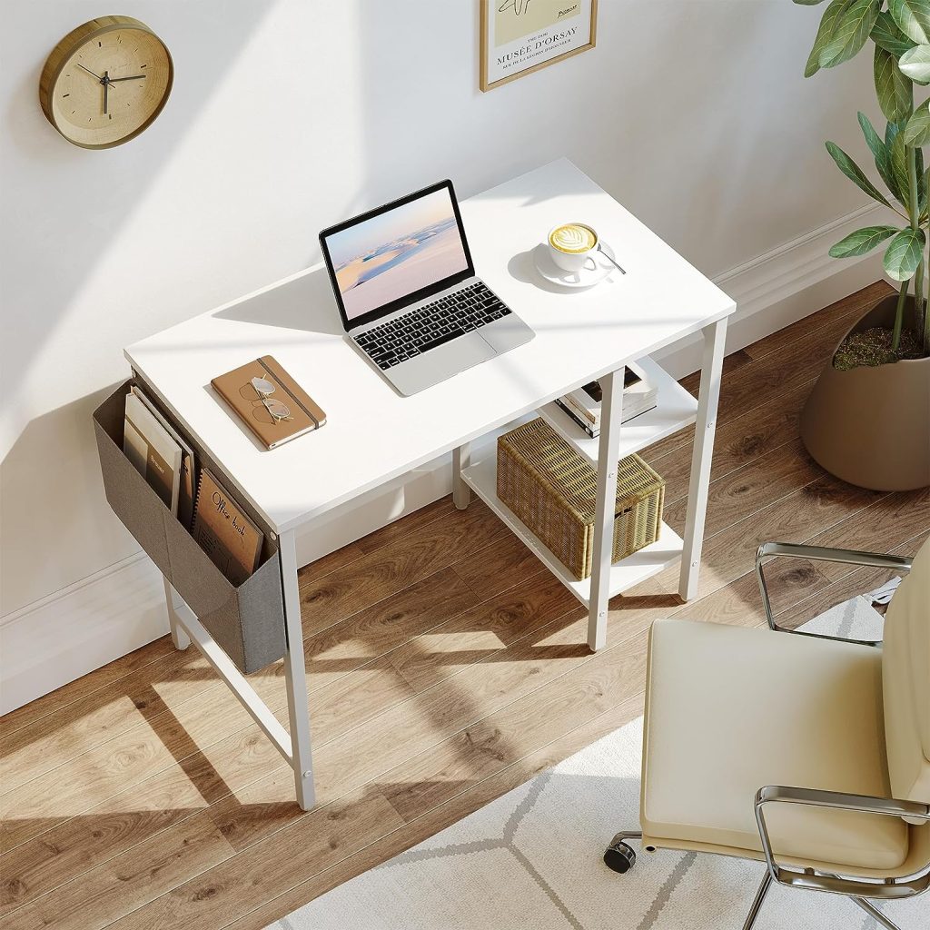 CubiCubi Computer Home Office Desk, 35 Inch Small Desk with Storage Shelves, Writing Study Desk with Storage Bag for Small Space, White