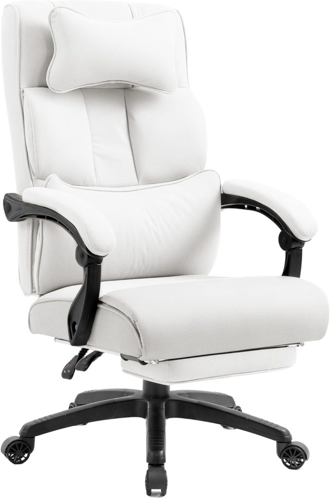 Dowinx Executive Office Chair Fabric with Footrest and Padded Armrest, Ergonomic Computer Desk Chair with Lumbar Support, Big and Tall Home Desk Chair, High Back Gaming Chair for Adult, 350LBS, White