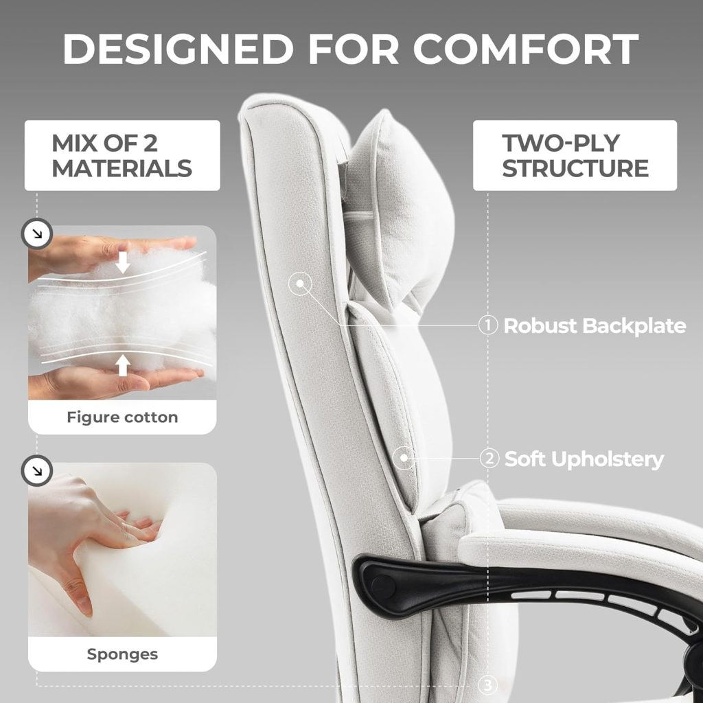 Dowinx Executive Office Chair Fabric with Footrest and Padded Armrest, Ergonomic Computer Desk Chair with Lumbar Support, Big and Tall Home Desk Chair, High Back Gaming Chair for Adult, 350LBS, White