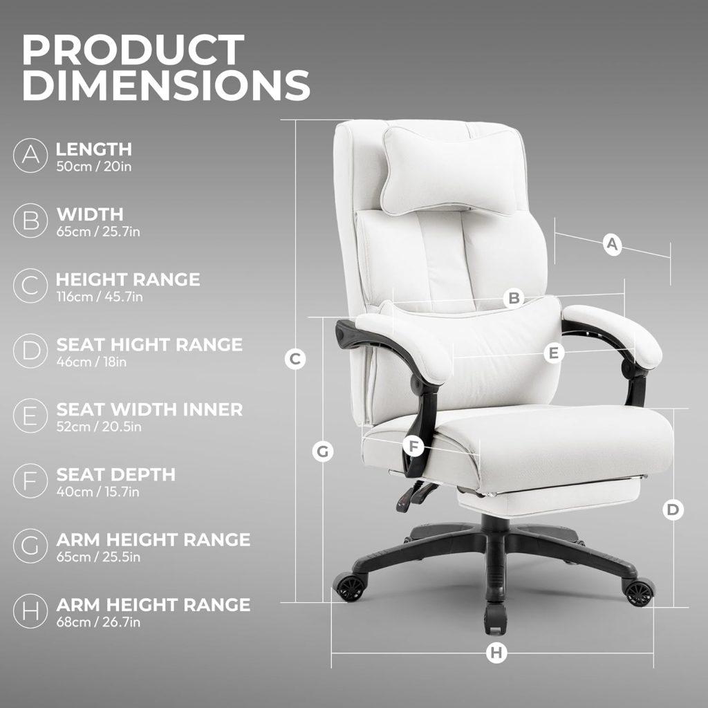Dowinx Executive Office Chair Fabric with Footrest and Padded Armrest, Ergonomic Computer Desk Chair with Lumbar Support, Big and Tall Home Desk Chair, High Back Gaming Chair for Adult, 350LBS, White