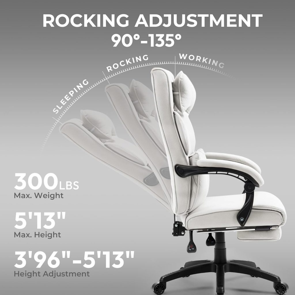 Dowinx Executive Office Chair Fabric with Footrest and Padded Armrest, Ergonomic Computer Desk Chair with Lumbar Support, Big and Tall Home Desk Chair, High Back Gaming Chair for Adult, 350LBS, White