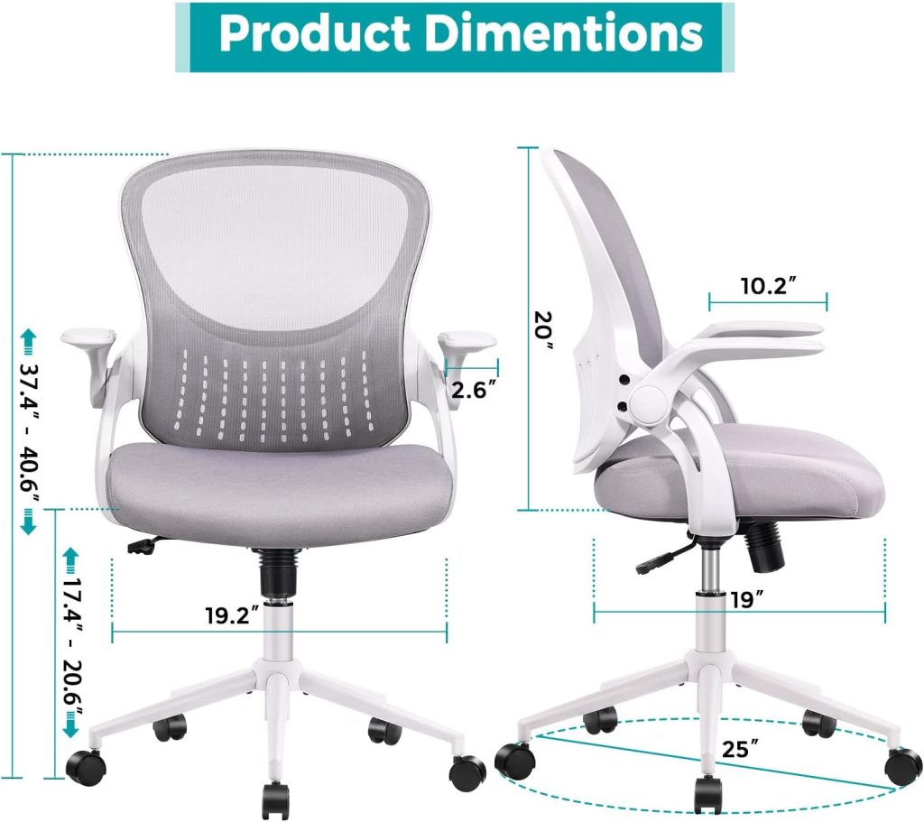edx Mid Back Mesh Computer, Ergonomic Desk, Height Adjustable Rolling Swivel Task Flip-up Armrests and Lumbar Support, Gray Home Office Chair, 19D x 19W x 37H in, Grey