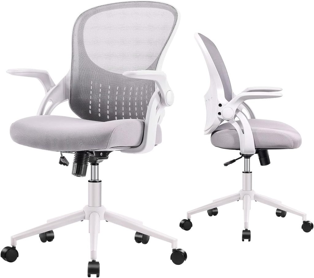 edx Mid Back Mesh Computer, Ergonomic Desk, Height Adjustable Rolling Swivel Task Flip-up Armrests and Lumbar Support, Gray Home Office Chair, 19D x 19W x 37H in, Grey