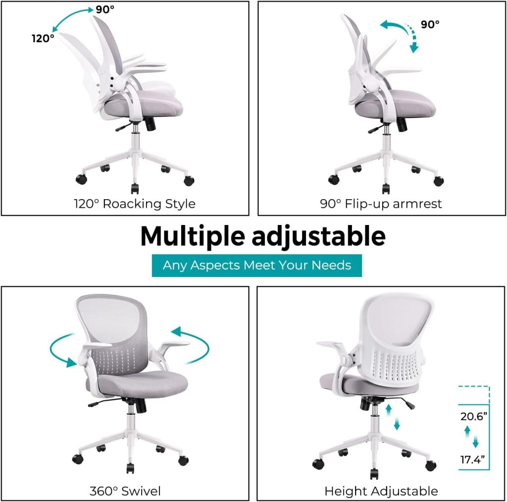 edx Mid Back Mesh Computer, Ergonomic Desk, Height Adjustable Rolling Swivel Task Flip-up Armrests and Lumbar Support, Gray Home Office Chair, 19D x 19W x 37H in, Grey