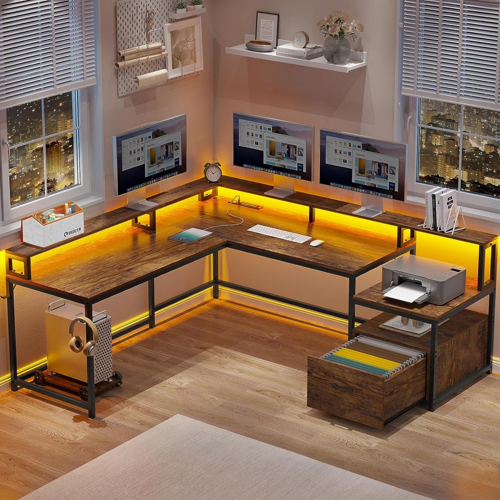 SEDETA L Shaped Desk, 66 with File Drawer  Power Outlet, Home Office Gaming Desk with Led Lights, Corner Computer Desk with Monitor Shelf, Printer Storage Shelves, Two Person Desk, Rustic Brown