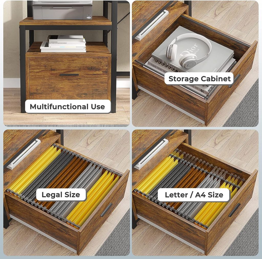 SEDETA L Shaped Desk, 66 with File Drawer  Power Outlet, Home Office Gaming Desk with Led Lights, Corner Computer Desk with Monitor Shelf, Printer Storage Shelves, Two Person Desk, Rustic Brown