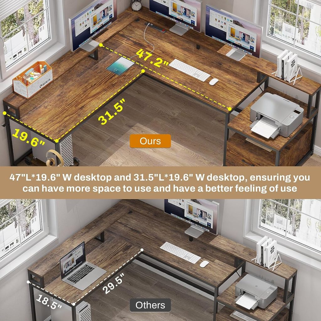 SEDETA L Shaped Desk, 66 with File Drawer  Power Outlet, Home Office Gaming Desk with Led Lights, Corner Computer Desk with Monitor Shelf, Printer Storage Shelves, Two Person Desk, Rustic Brown