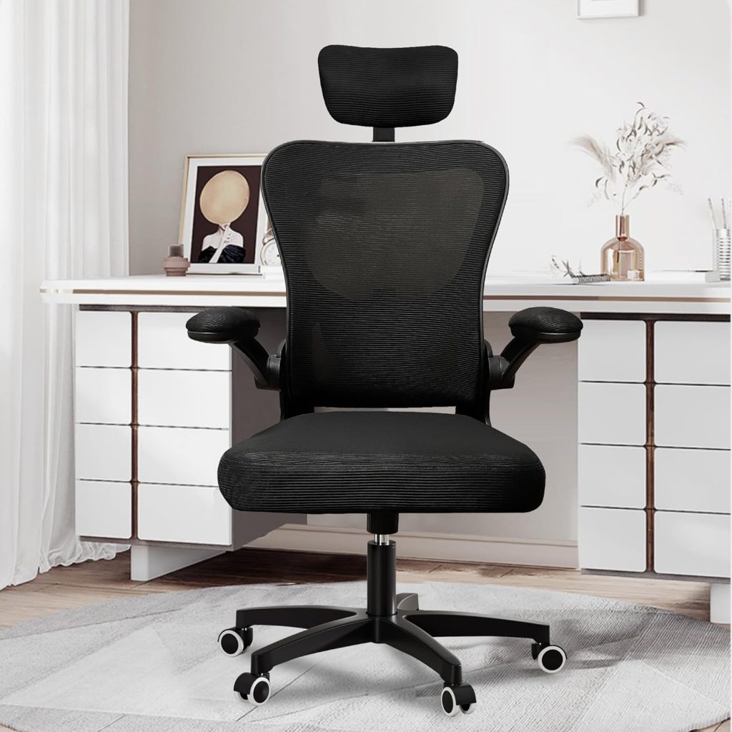 SenceHome Office Chairs, Ergonomic Office Chair, High Back Desk Chair with Adjustable Headrests, Lumbar Support and Flip-up Armrests, Breathable Mesh Computer Chair for Home Office (Black)