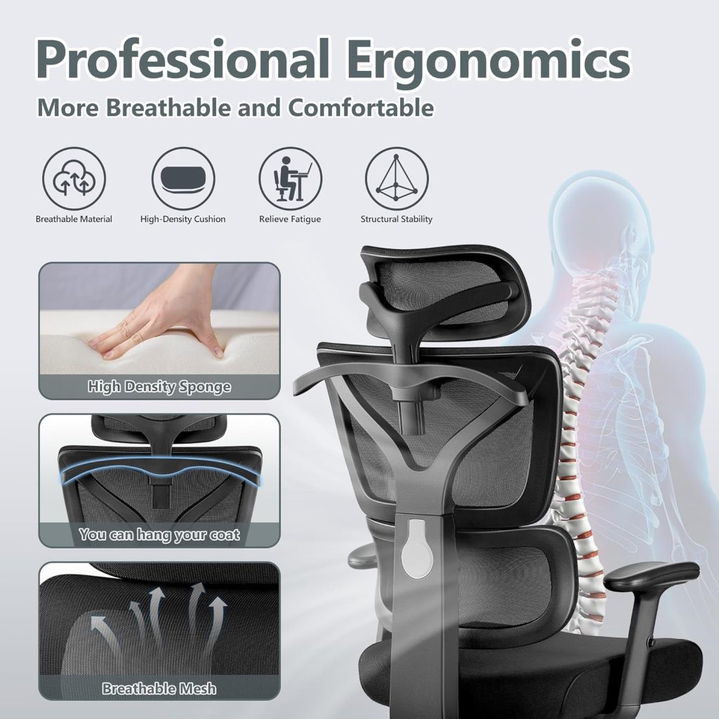 Winrise Office Chair Ergonomic Desk Chair, High Back Gaming Chair, Big and Tall Reclining Chair Comfy Home Office Desk Chair Lumbar Support Breathable Mesh Computer Chair Adjustable Armrests (Black)